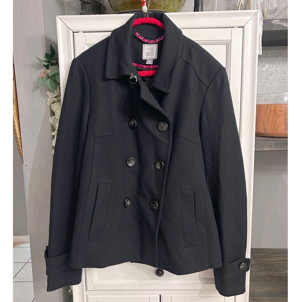 Vintage Black Wool Blend Pea Coat Jacket XLarge Winter‎ Fall